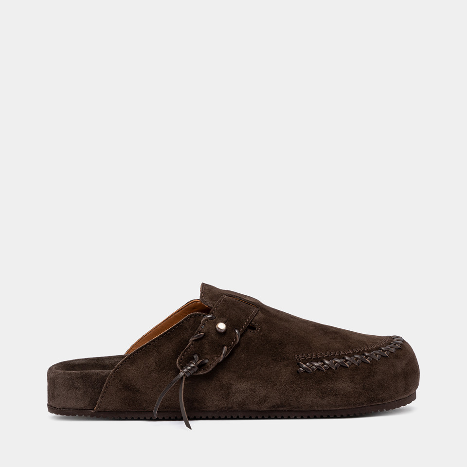 BUTTERO: GLAMPING MULES IN DARK BROWN SUEDE