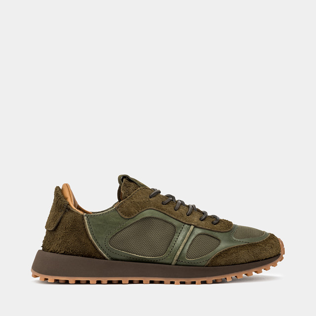 BUTTERO: FUTURA SNEAKERS IN HUNTER GREEN NYLON AND BRUSHED SUEDE 