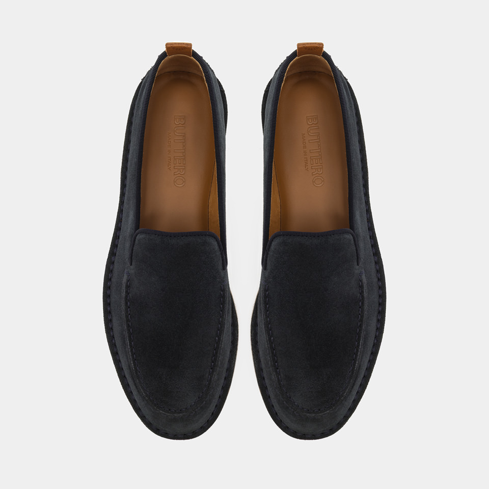 BUTTERO: ARGENTARIO LOAFER IN BLUE STORM SUEDE