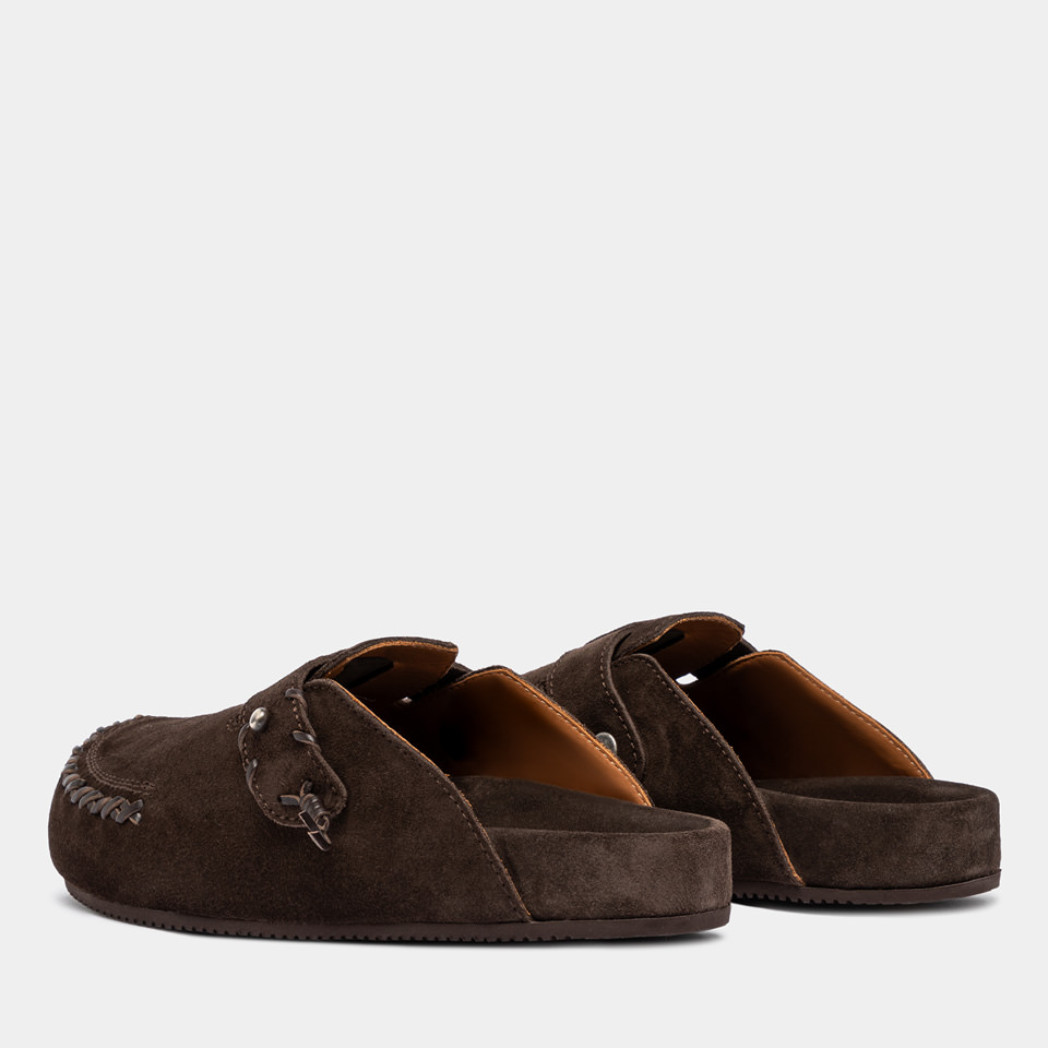 BUTTERO: GLAMPING MULES IN DARK BROWN SUEDE