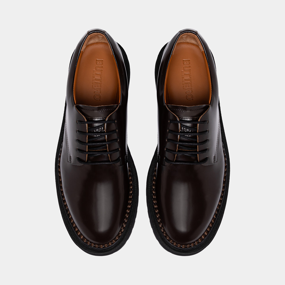 BUTTERO: AEDI DERBY SHOES IN EBONY BLACK LEATHER 