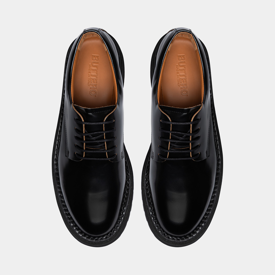 BUTTERO: AEDI DERBY SHOES IN BLACK BRUSHED LEATHER