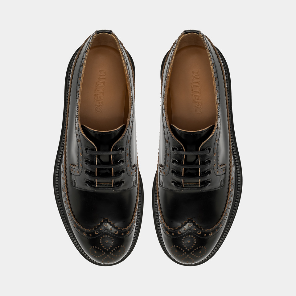 BUTTERO: LUCCA DERBY SHOES IN BLACK LEATHER