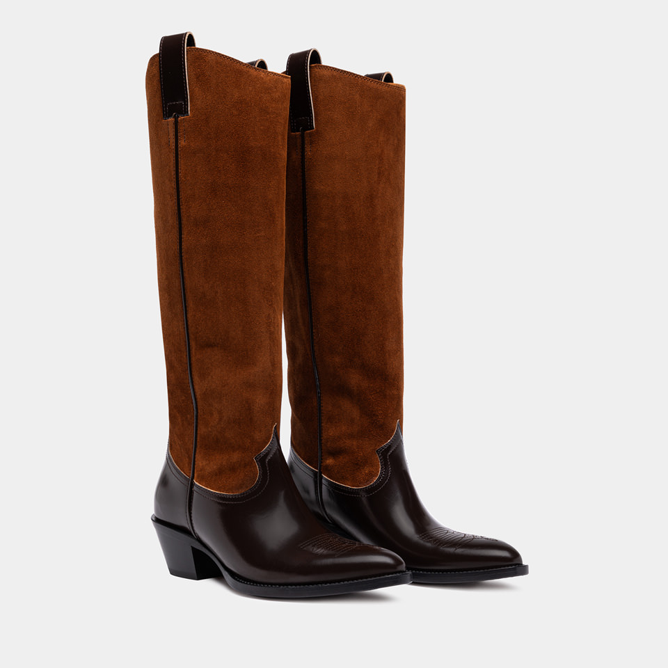 BUTTERO: BOTTE ANNIE EN CUIR ET DAIM MARRON